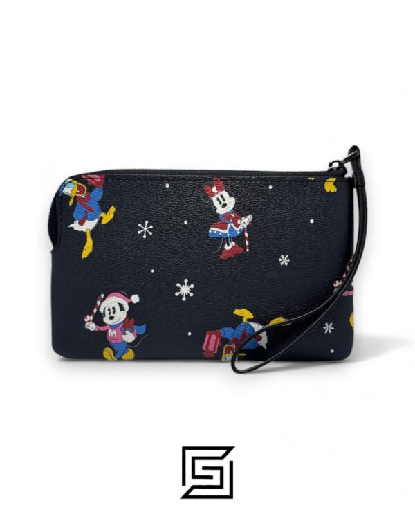 Coach Corner Zip Wristlet In Leather With Disney Holiday Print Black Style No. CN031